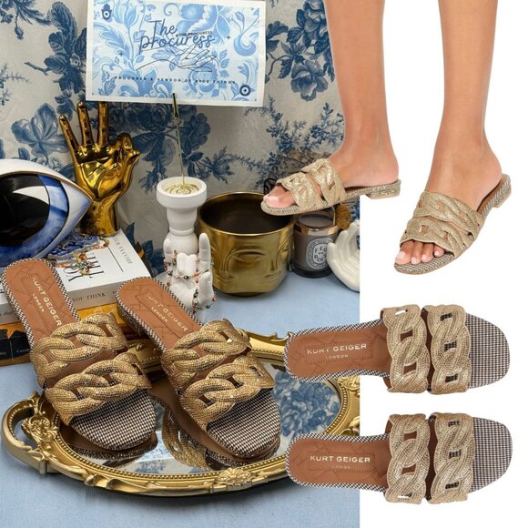 🆕 KURT GEIGER LONDON 🧿 NWOB Crystal Chain Flat Sandal, Gold - Sz EU37 US 7 - Picture 1 of 15